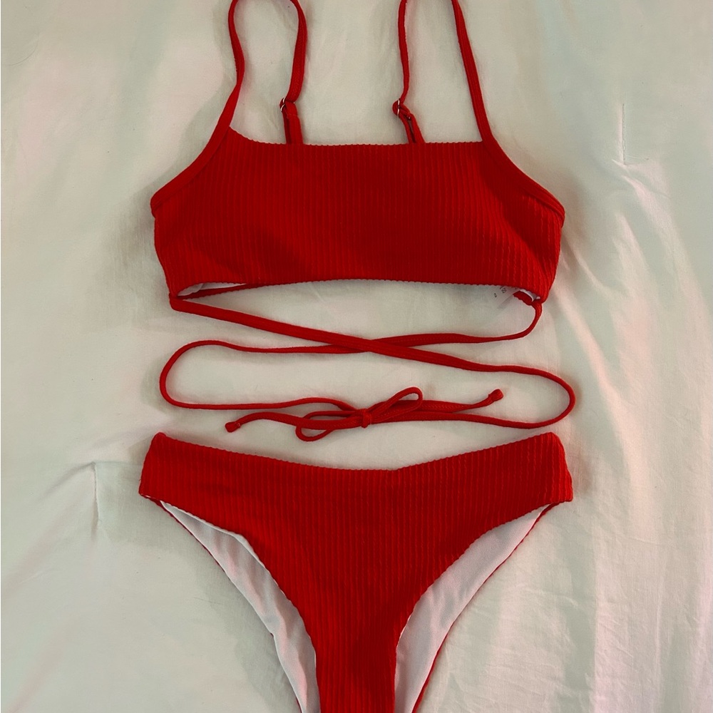 SHEIN Red Ribbed Bikini Set